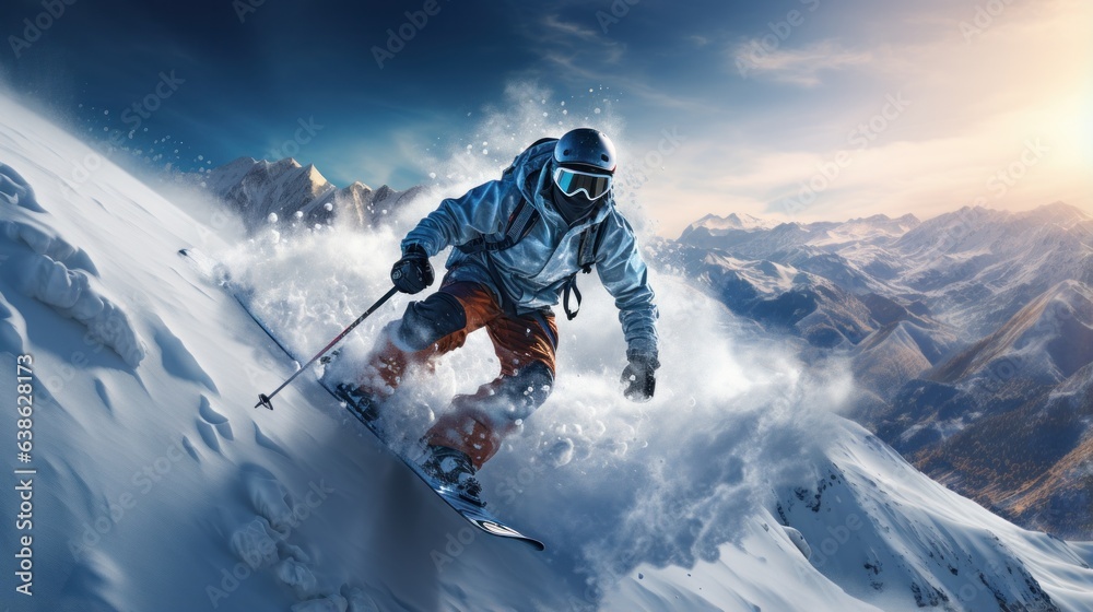 Man in ski goggles rides a snowboard from a snowy mountain