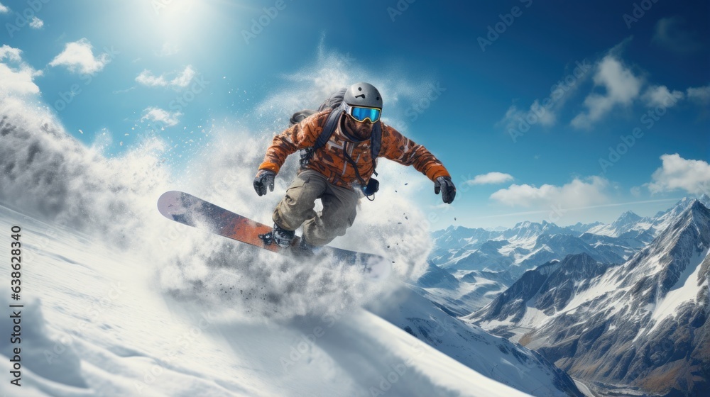 Man in ski goggles rides a snowboard from a snowy mountain