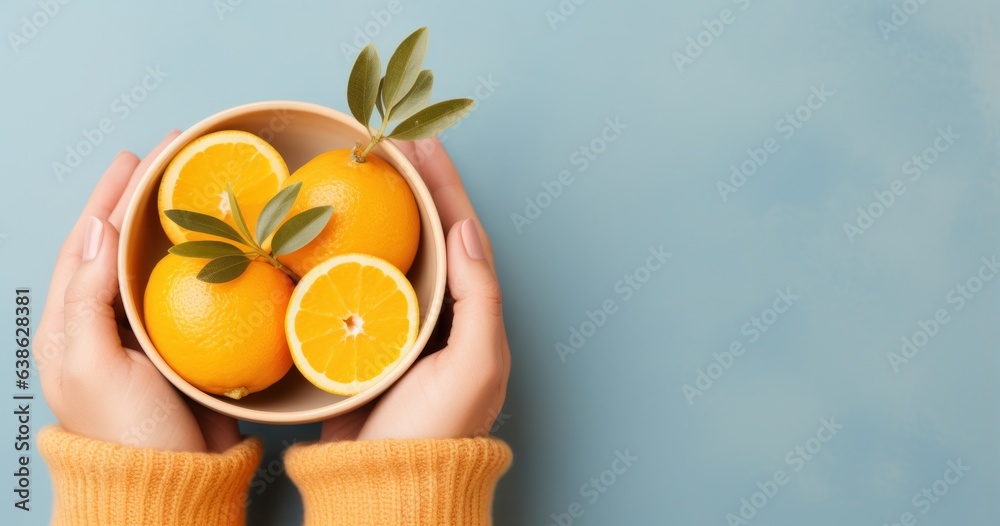 Woman holds in hand cup with orange tea