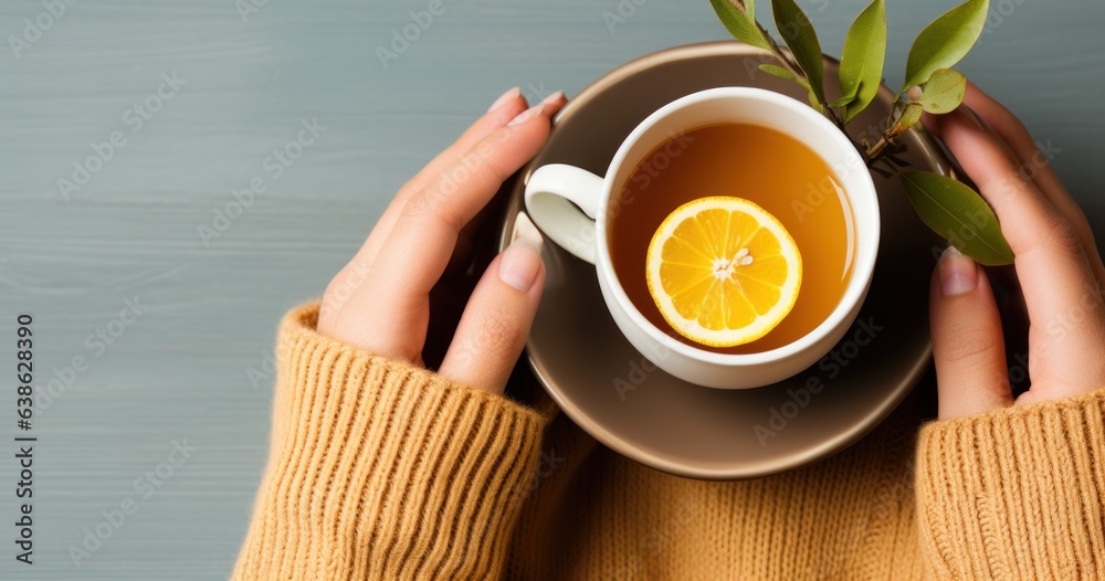 Woman holds in hand cup with orange tea