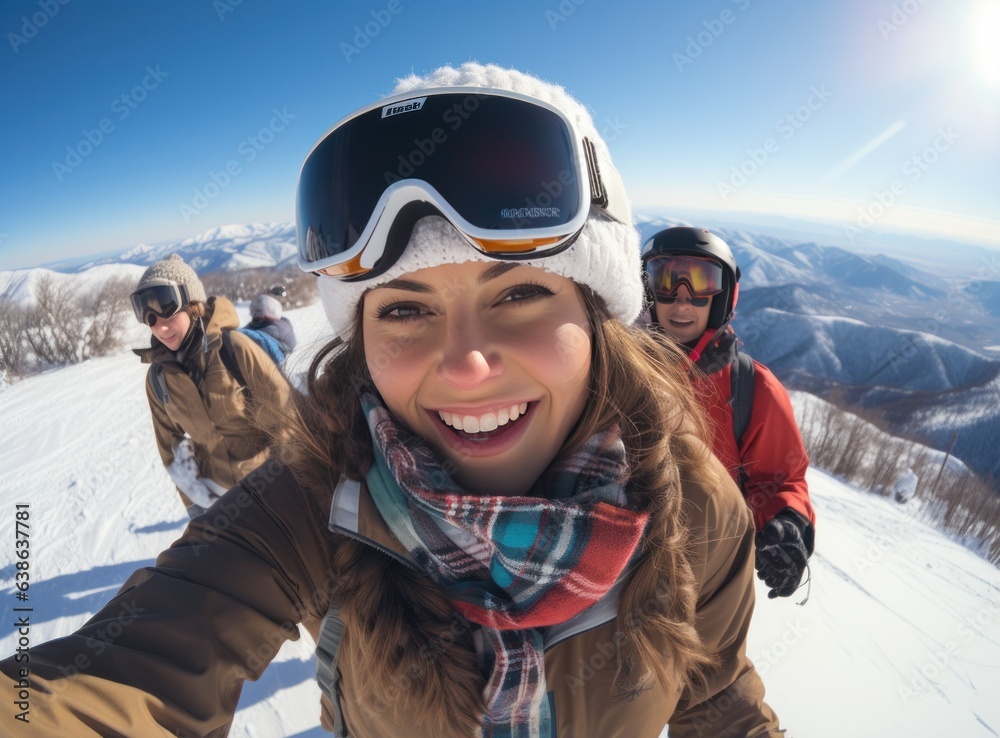 Skateboarder girls snowboarding on top of mountain