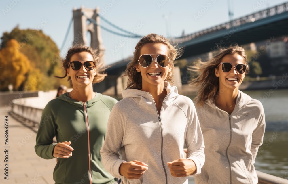 Jogging by a bridge with friends