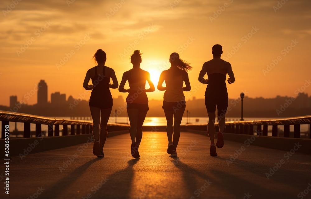 Jogging by a bridge with friends