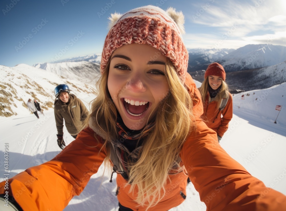 Skateboarder girls snowboarding on top of mountain