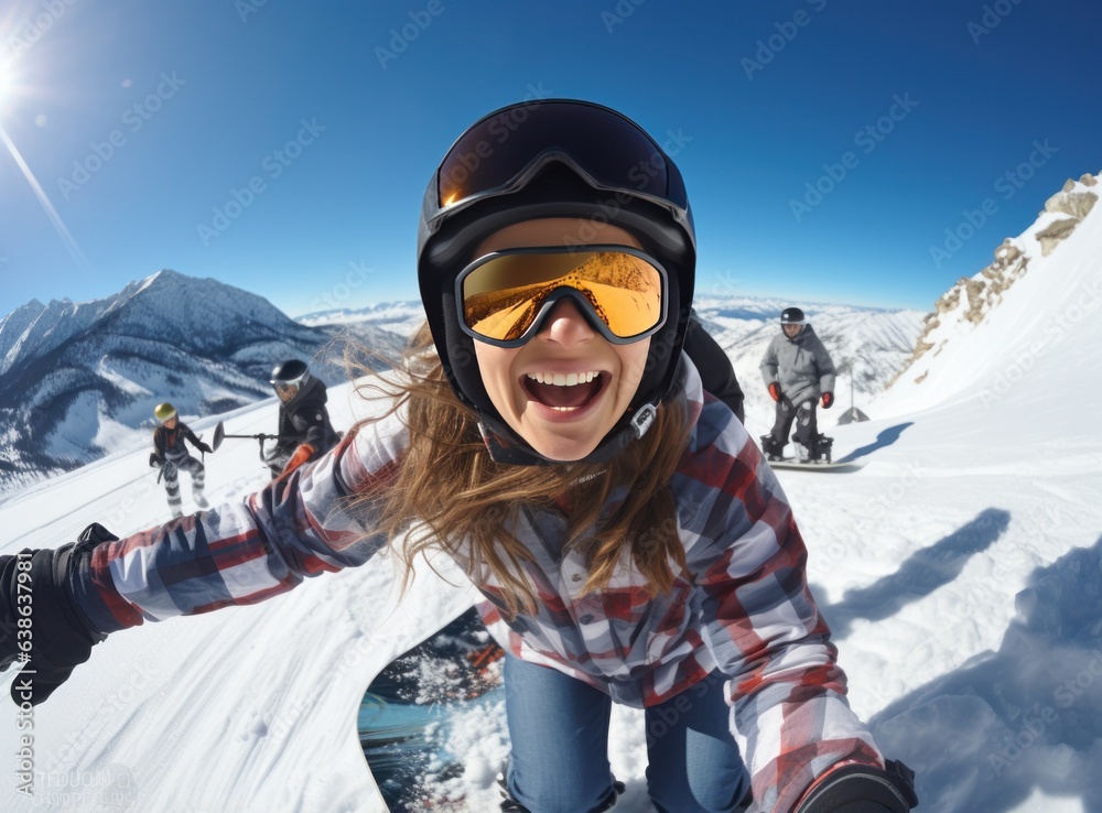 Skateboarder girls snowboarding on top of mountain