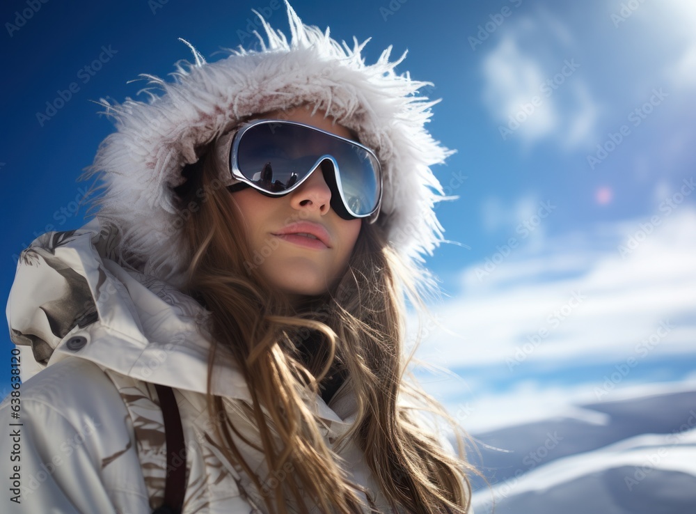 Skateboarder girls snowboarding on top of mountain