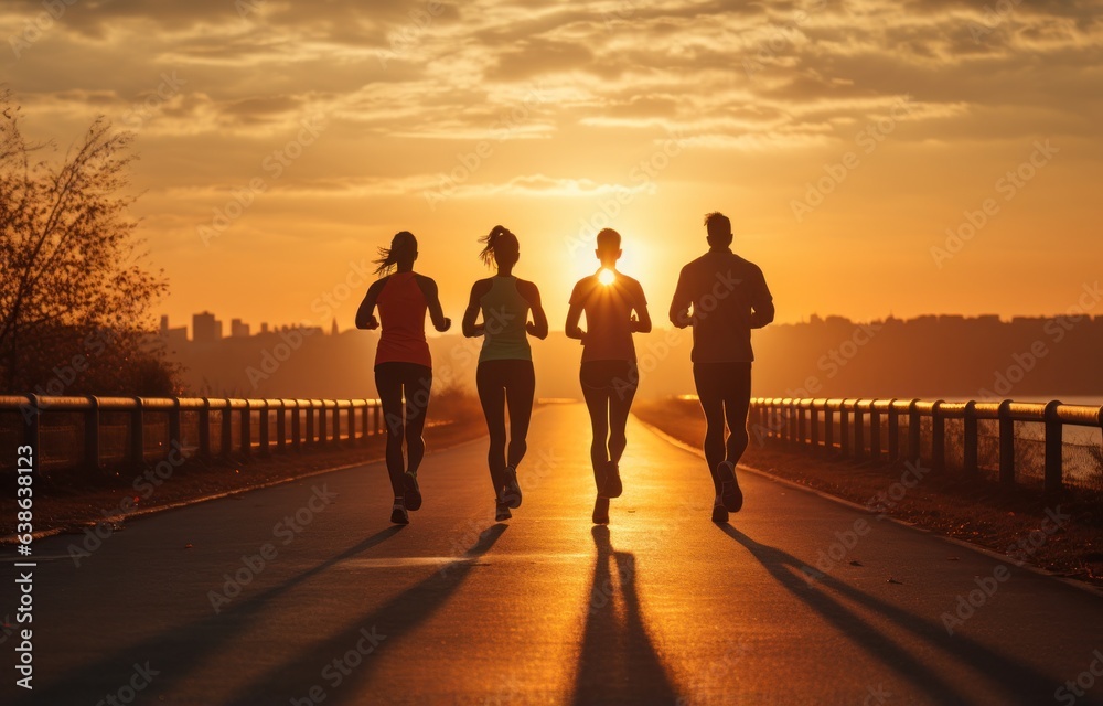 Jogging by a bridge with friends