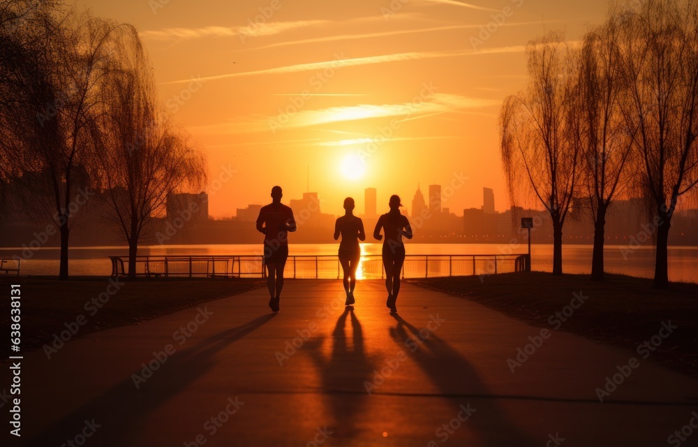 Jogging by a bridge with friends