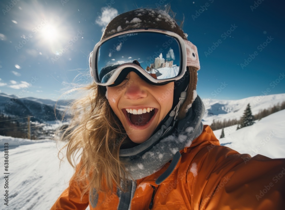 Skateboarder girls snowboarding on top of mountain