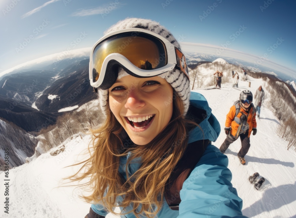 Skateboarder girls snowboarding on top of mountain