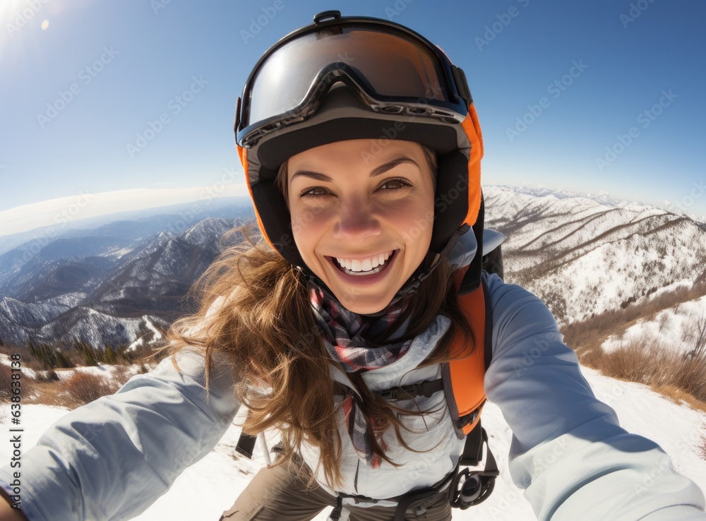 Skateboarder girls snowboarding on top of mountain