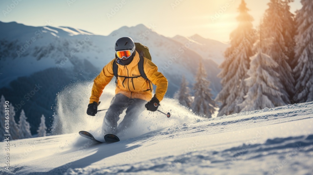 Man in ski goggles rides a snowboard from a snowy mountain