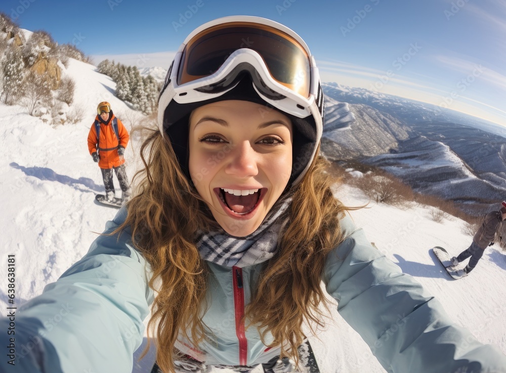 Skateboarder girls snowboarding on top of mountain