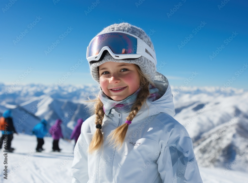 Skateboarder girls snowboarding on top of mountain