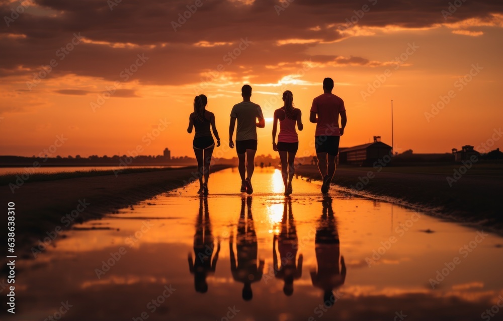 Jogging by a bridge with friends