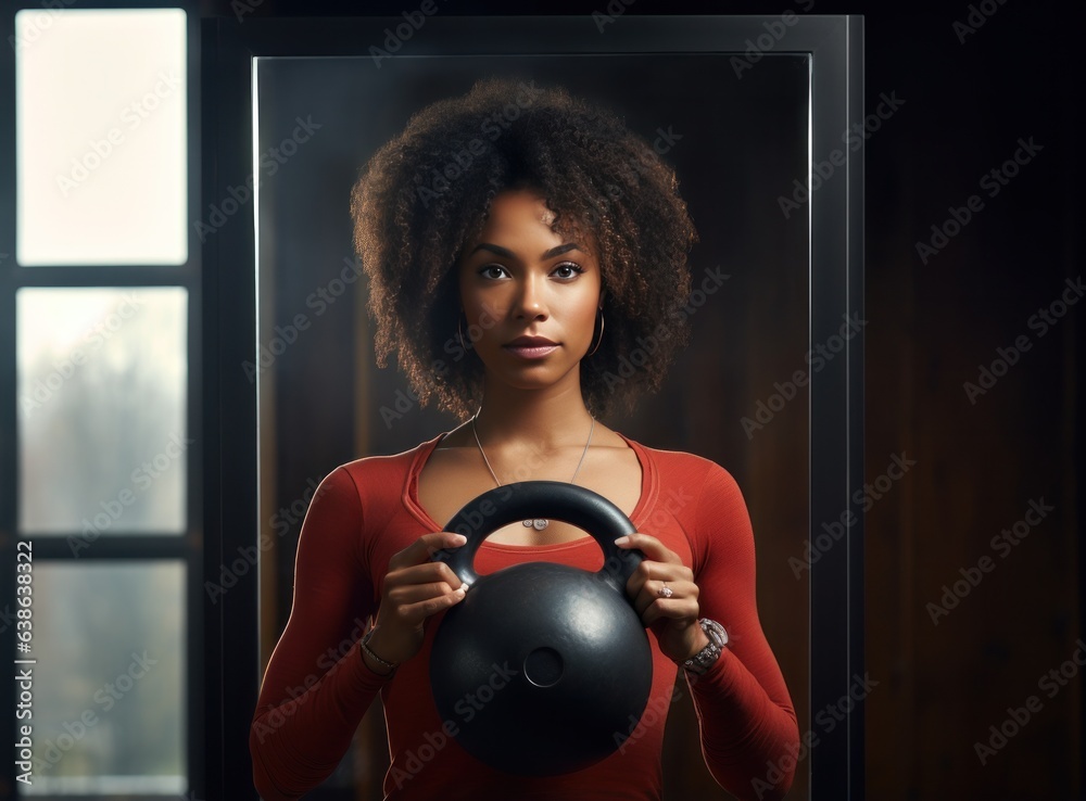 A young black woman holding a weight