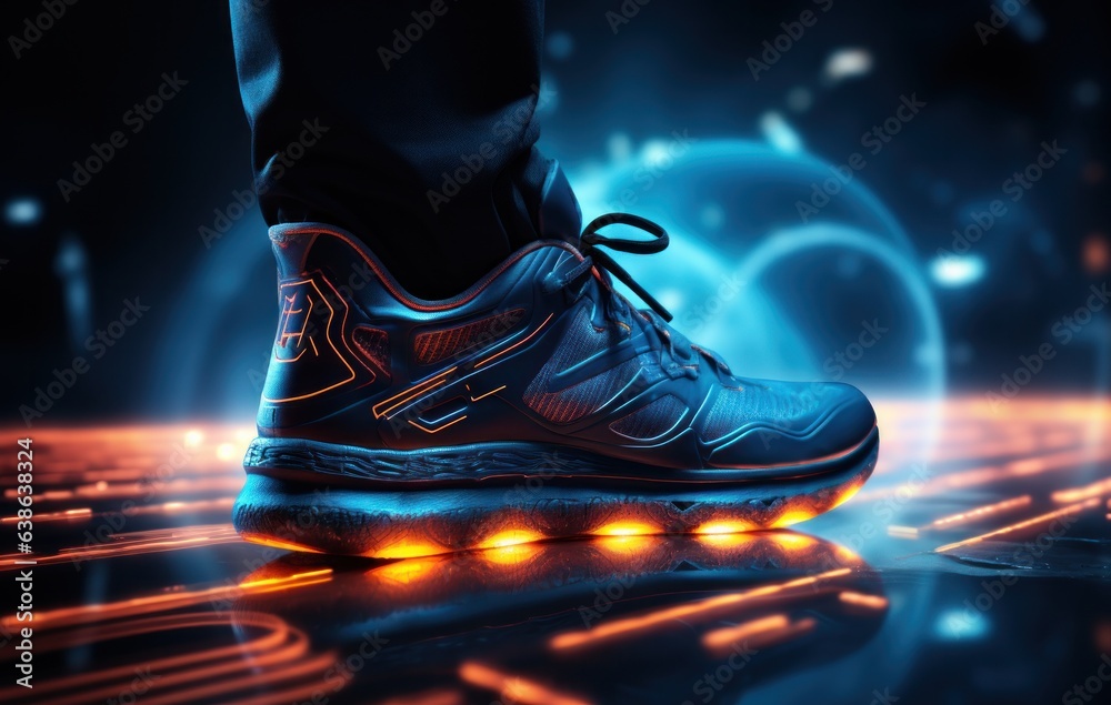 A person in running shoes on the background of an electronic signal