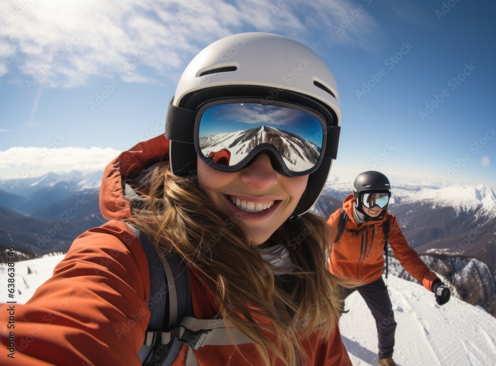 Skateboarder girls snowboarding on top of mountain