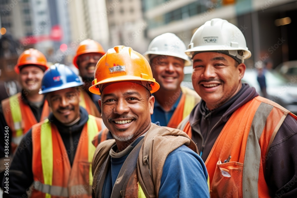 Diverse and mixed group of male constructions workers working on a construction site