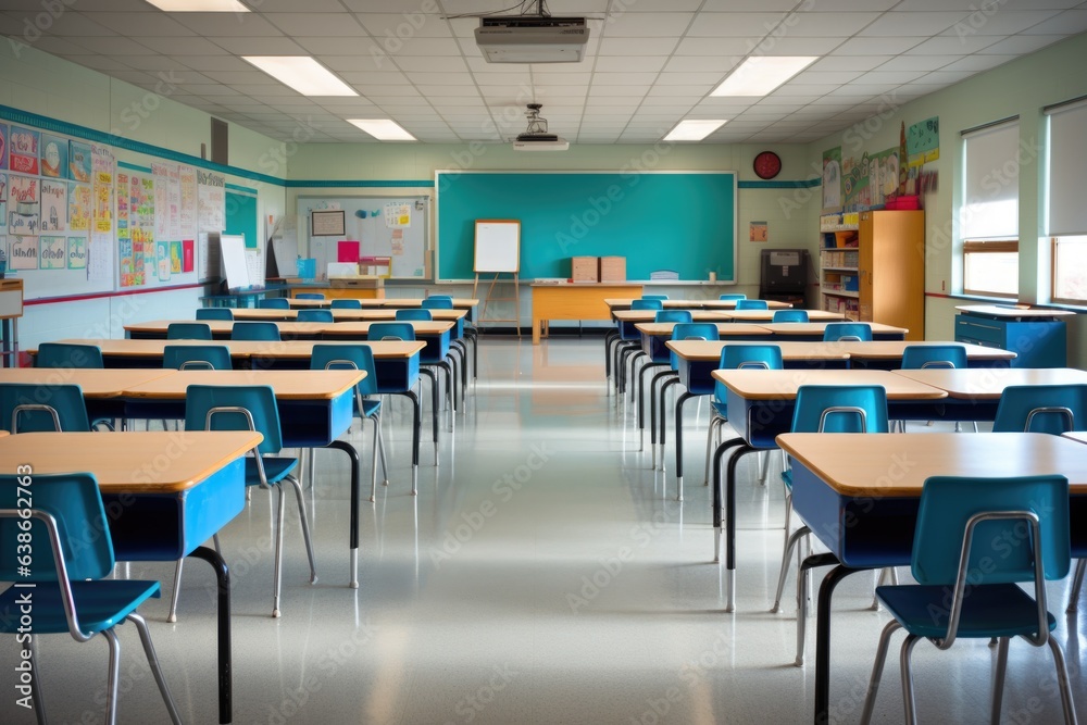 Empty classroom in an elementary school ready to receive students for the first day of school