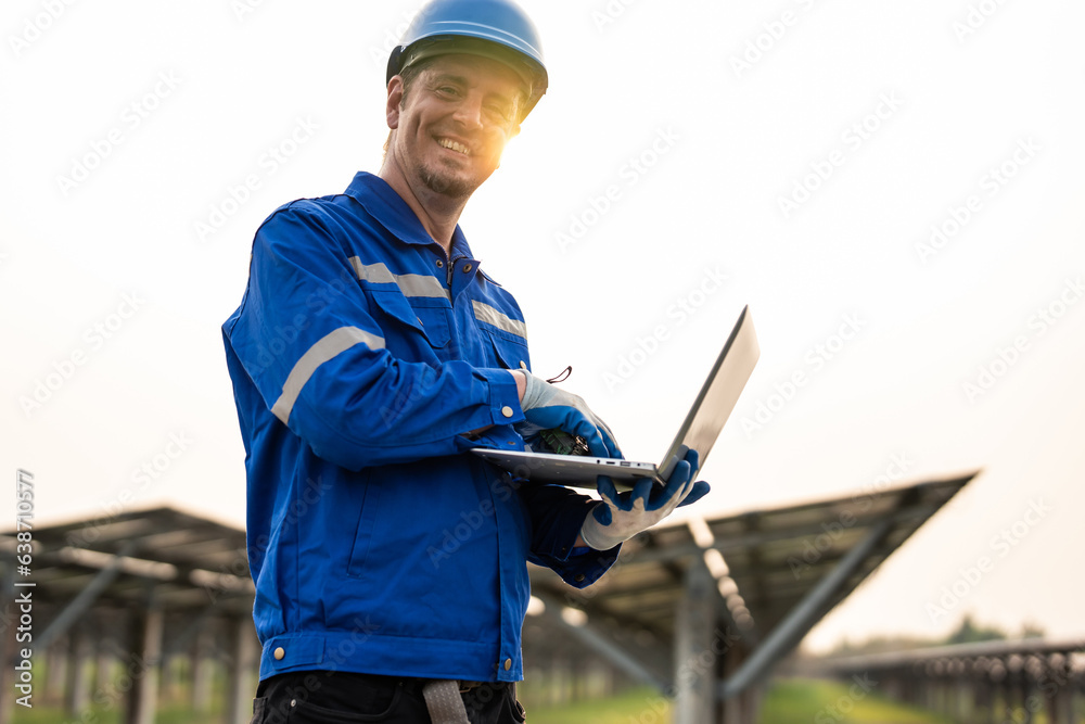 Portrait of engineer work to maintenance of photovoltaic panel system. 