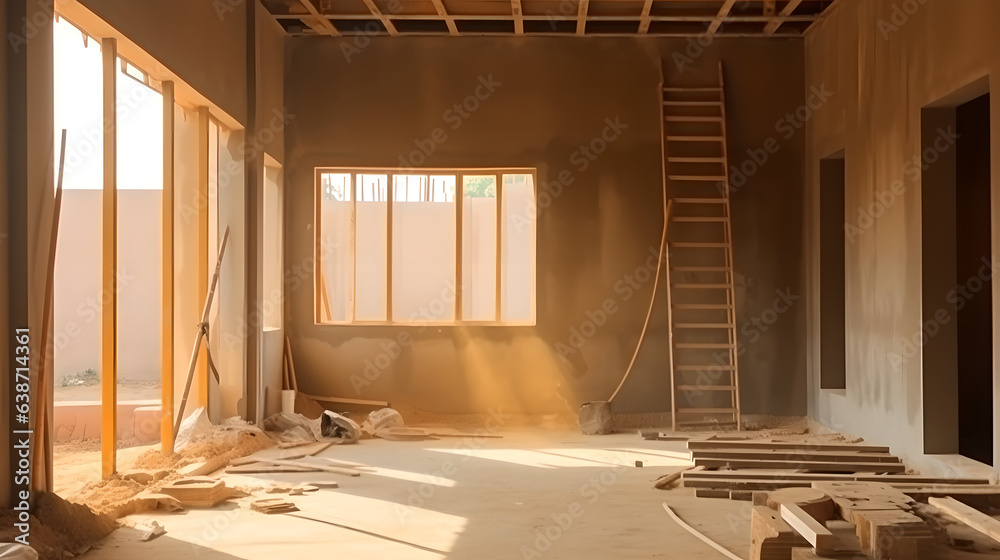 Interior unfinished house room is under construction with a rough finish, Renovation building. Room 