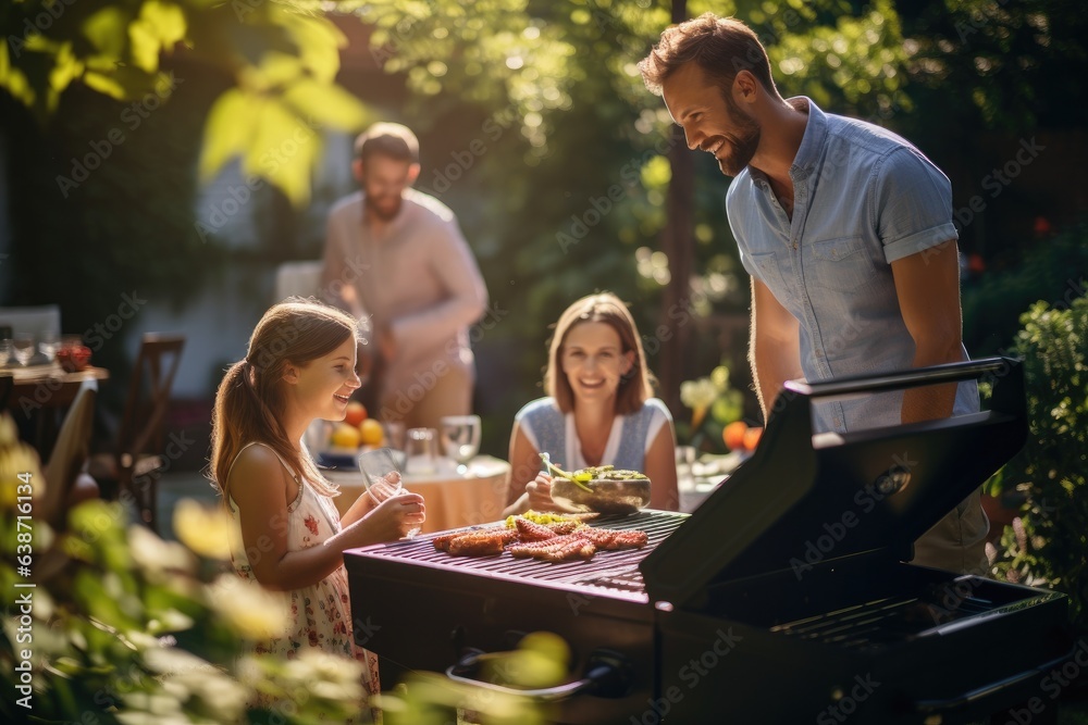 Diverse teenage and friends having a picnic barbeque grill in the garden. Generative AI