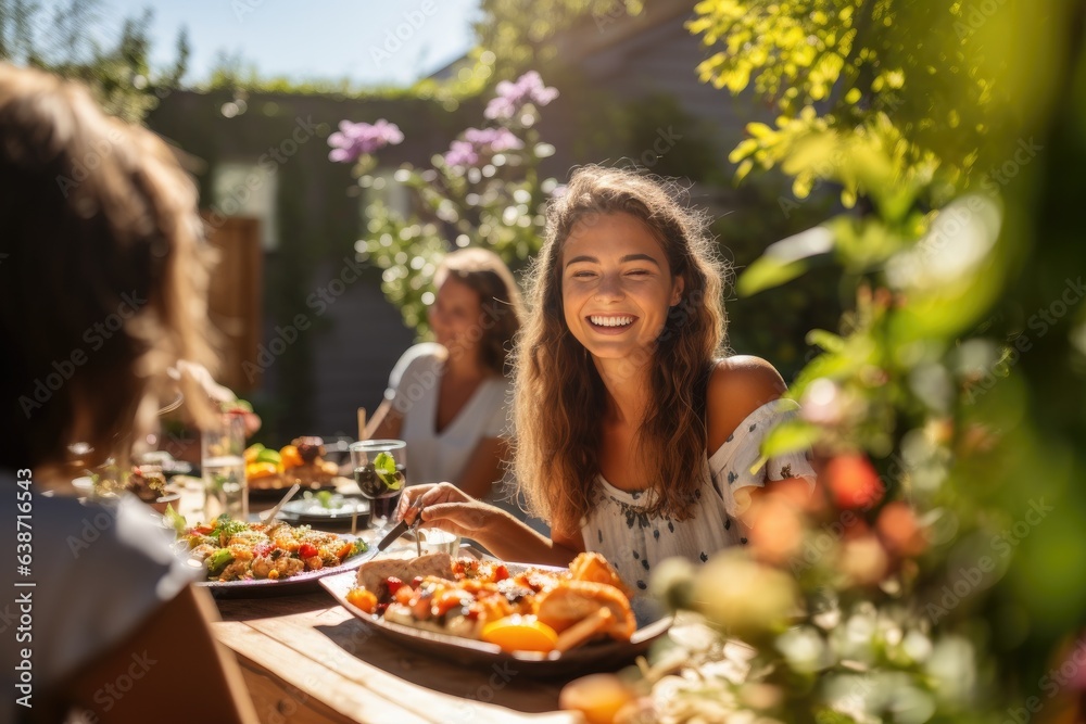 Diverse teenage and friends having a picnic barbeque grill in the garden. Generative AI