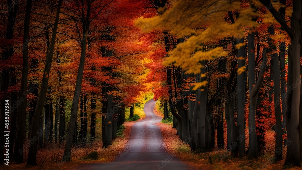 Colorful trees and footpath road in autumn landscape in deep forest