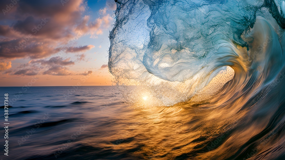 Colorful Ocean Wave. Sea water in crest shape. Sunset light and beautiful clouds on background