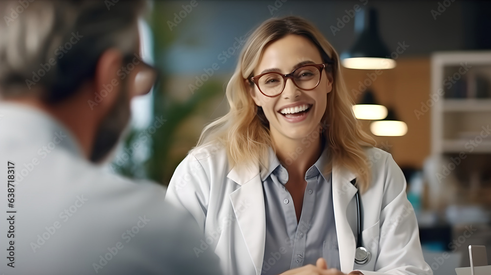 Cheerful female doctor talking to patient in hospital for healthcare, support and advice on treatmen