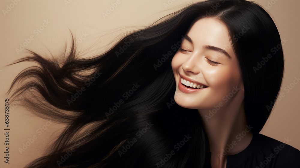 Haircare theme with beautiful woman with long black hair