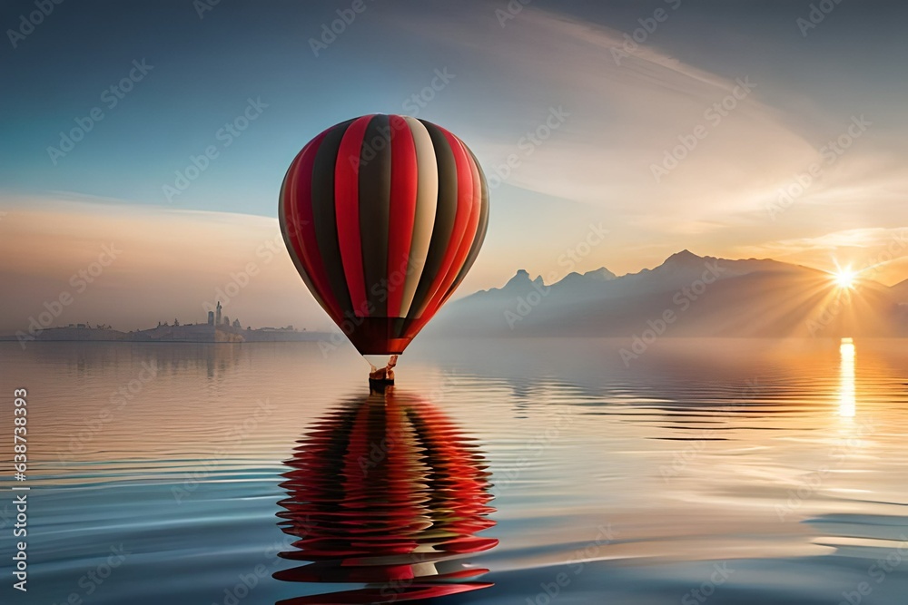 hot air balloon over lake