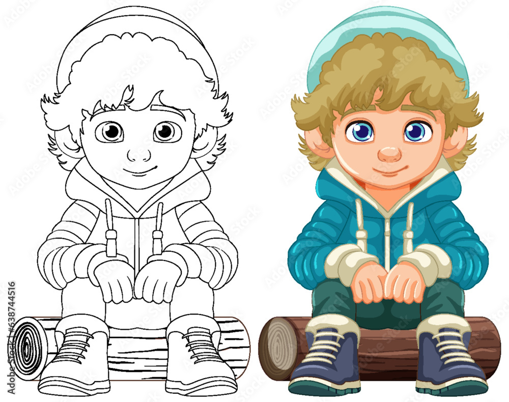 Cheerful Boy in Cartoon Hoodie Sitting on Wooden Log