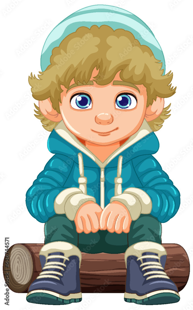 Cheerful Boy in Cartoon Hoodie Sitting on Wooden Log