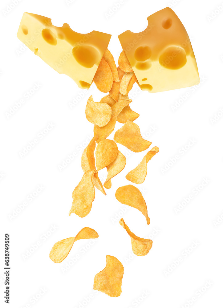 Chips fall out of a piece of cheese on a white isolated background