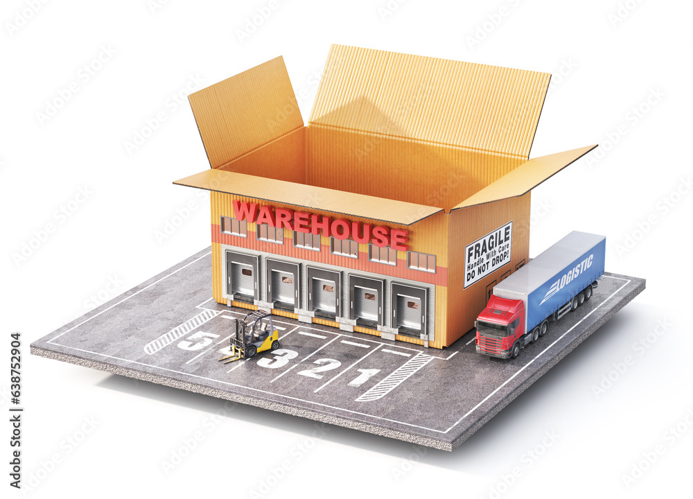 Logistic concept. Cardboard box in form of warehouse. 3d illustration