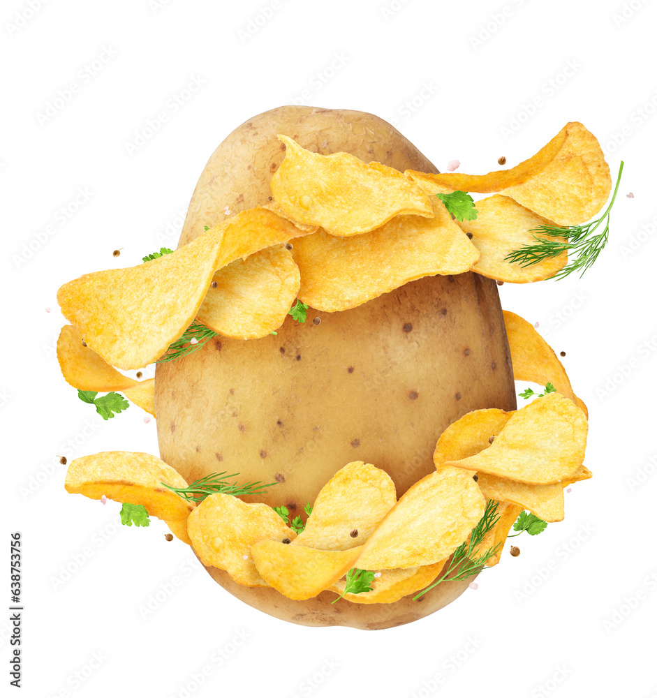 Splash of chips and greens around a potato on a white isolated background