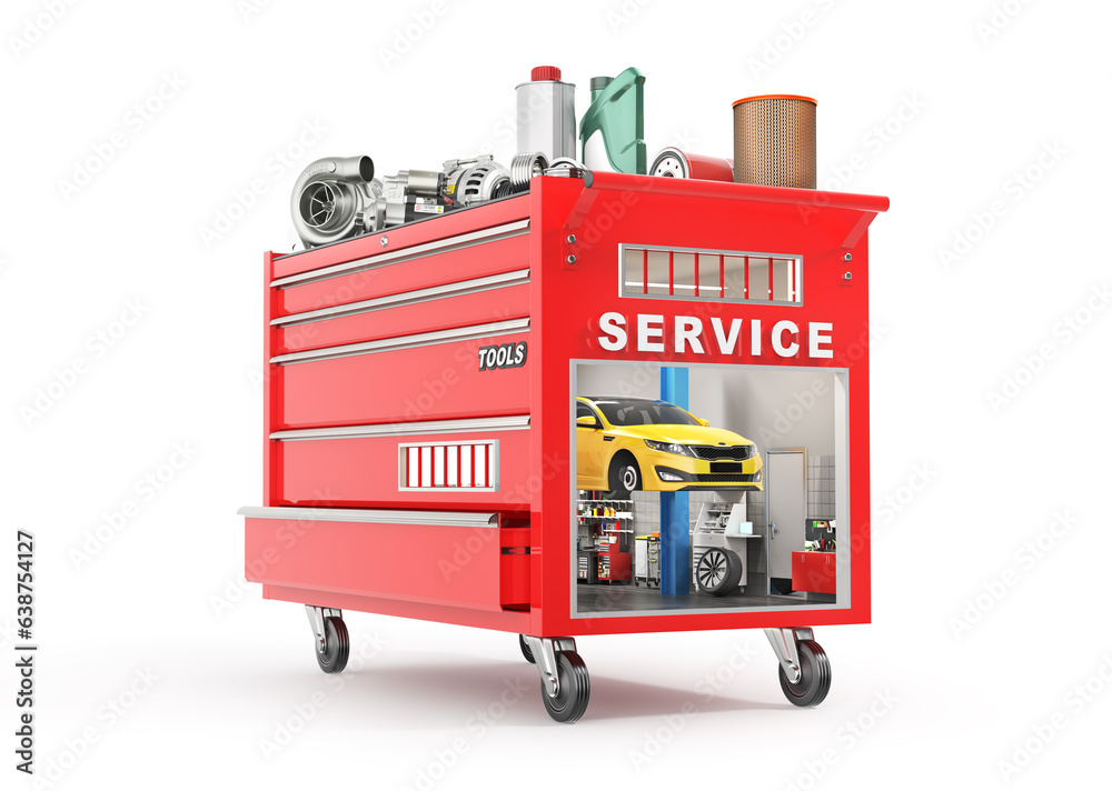 Car service concept. Car repair hall in form of toolbox. 3d illustration