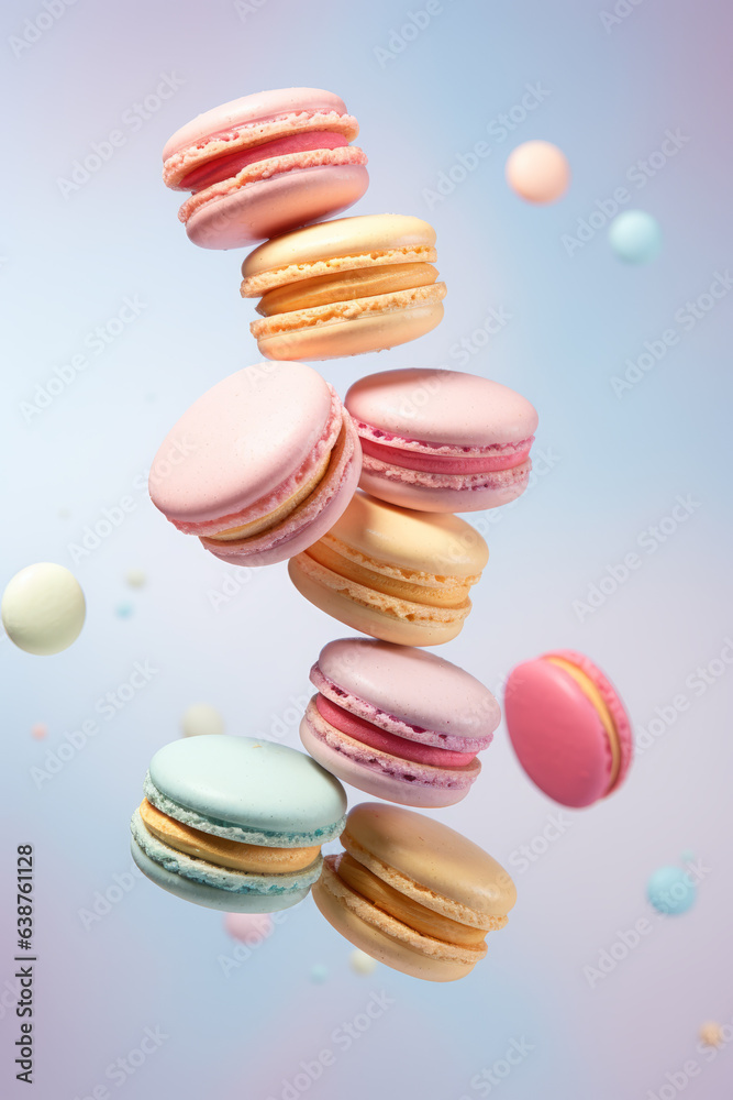 Different types of macaroons in motion falling on a colorful background