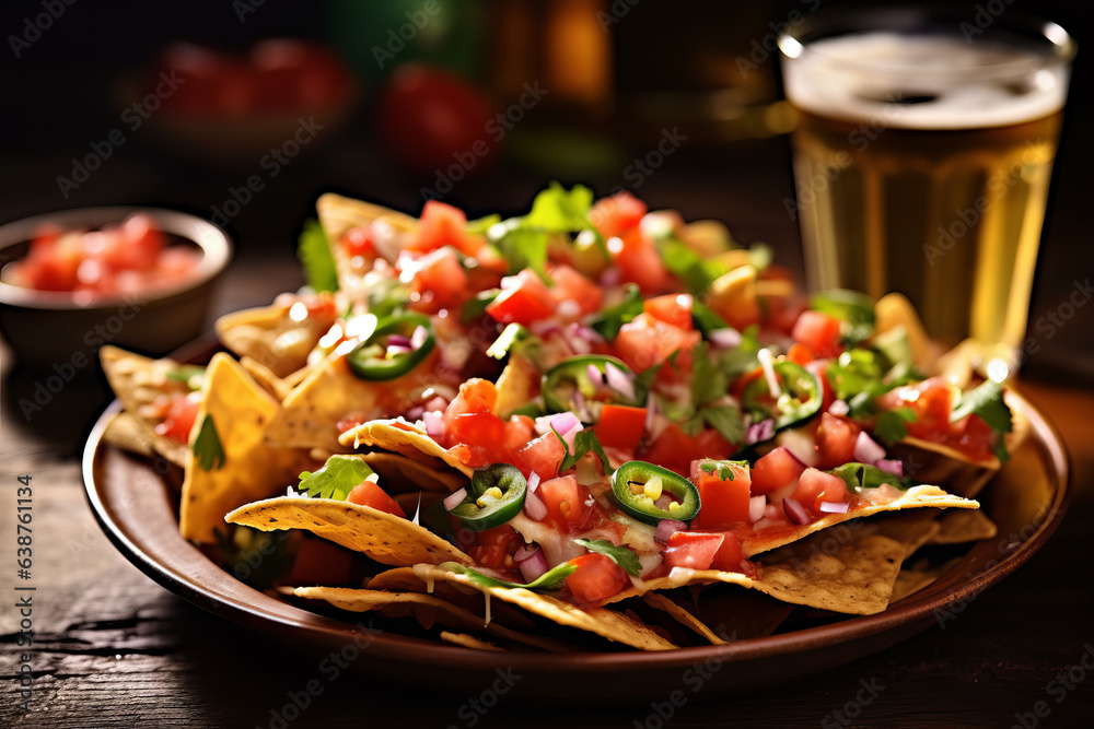 nachos with beer on restaurant table, party food