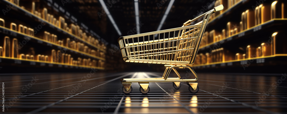 golden shopping cart and supermarket as a background