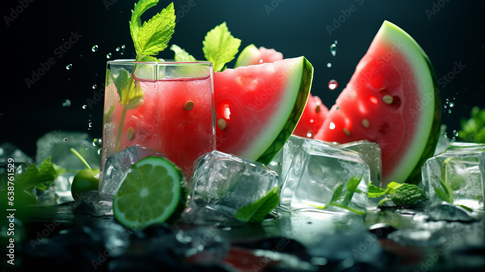 Fresh tropical cocktail with watermelon and ice with tropical trees and plants on a dark mystical ba