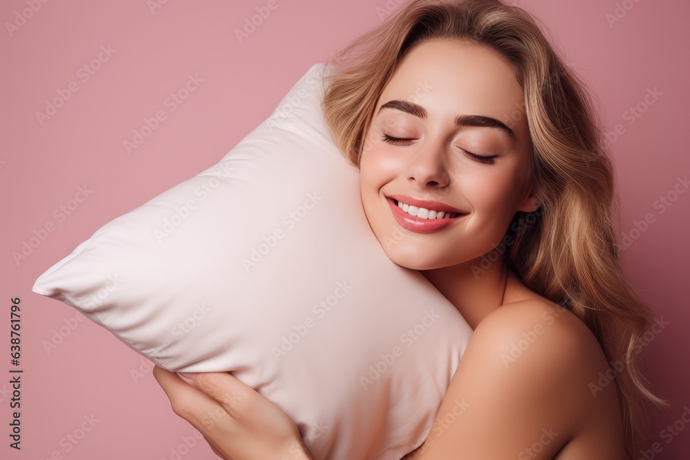 beautiful young woman hugging a pillow, on light rose color background