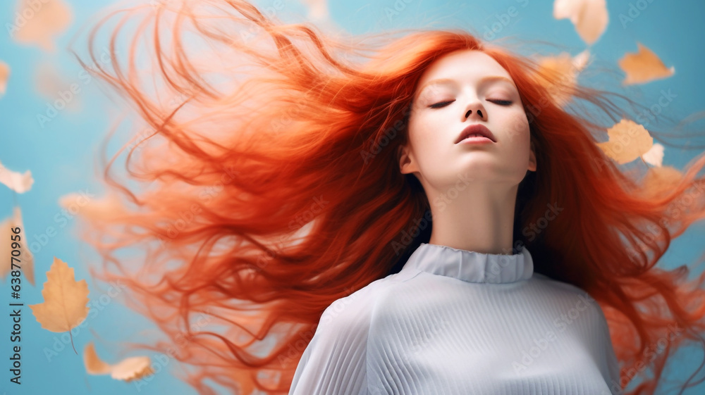 Beautiful long red hair woman with autumn leaves