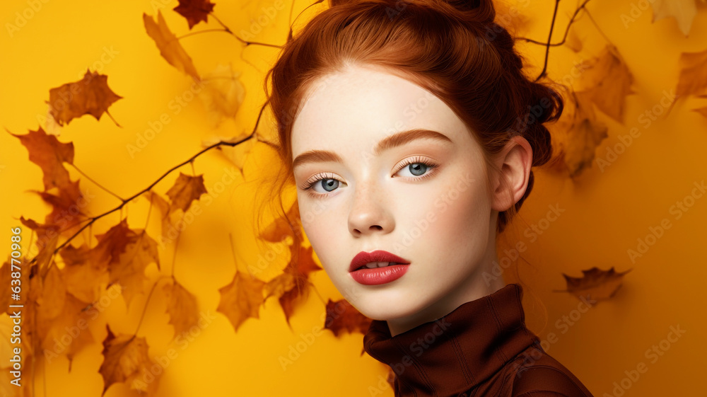 Beautiful model with autumn leaves