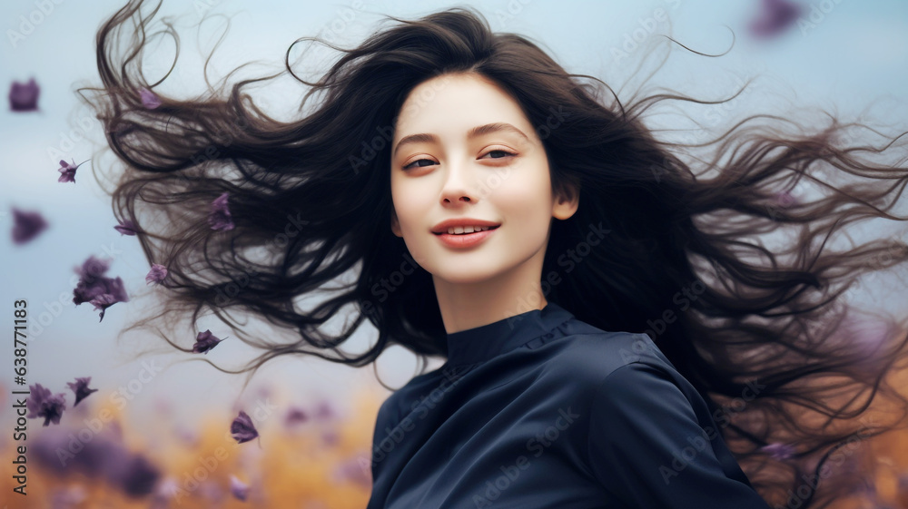 Beautiful long black hair woman with purple flowers