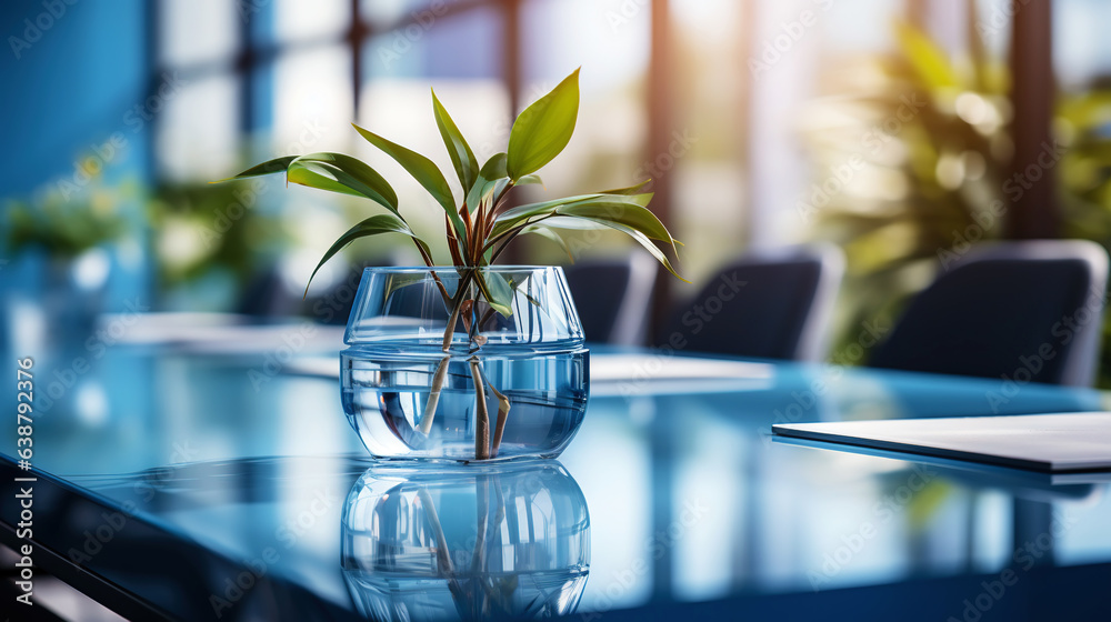 Modern minimalist corporate conference room with glass table in blue shades. Generative AI