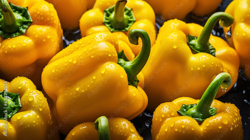 Fresh yellow bell peppers with water drops background. Vegetables backdrop. Generative AI