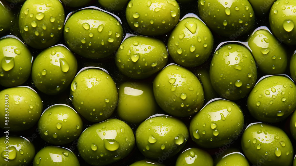 Fresh green olives with water drops background. Vegetables backdrop. Generative AI